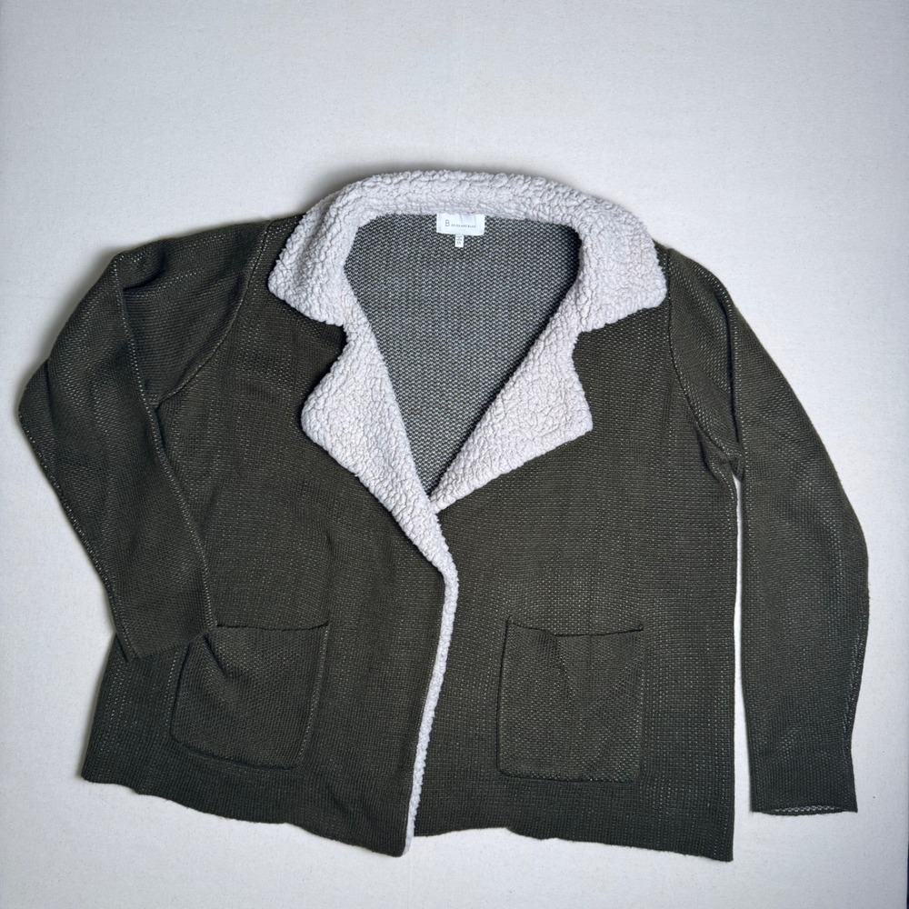 Skies Are Blue Olive Green Faux Shearling Trim Sweater Jacket